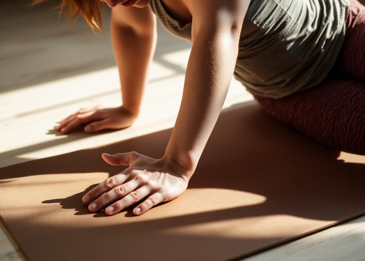 A person moving through a slow, hands-on mobility exercise in natural light