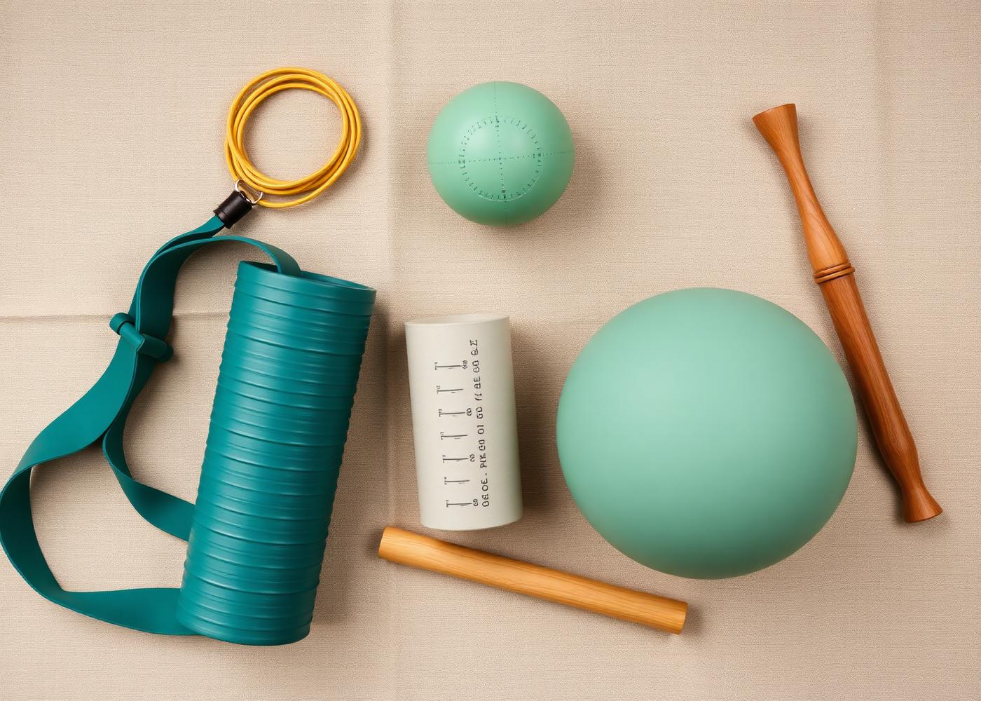 Physiotherapy tools laid out on a bone linen background